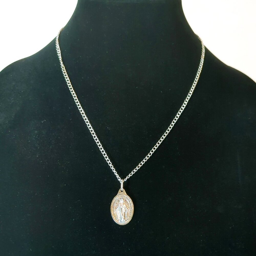 Miraculous Medal Pendant Silver-Tone Catholic Necklace With 21" Chain